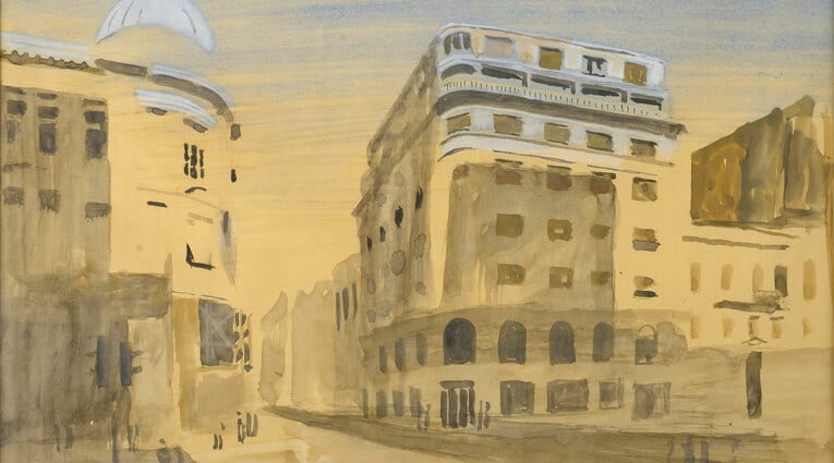 Γιάννης Τσαρούχης, Προσχέδιο για το νέο κτήριο Διοίκησης της Τράπεζας Πίστεως, 1967. Υδατογραφία 29 x 41,5. Ιδιωτική συλλογή 