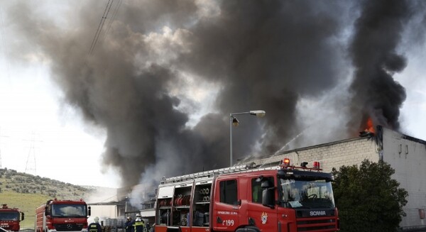 Μεγάλη φωτιά στη Μάνδρα Αττικής - Καίγεται εργοστάσιο