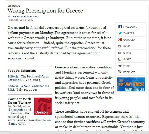 Ν.Υ. Τimes: «Η ελληνική λάθος συνταγή συνεχίζεται με εντολή τραπεζιτών»