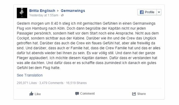Mια επιβάτης της Germanwings περιγράφει πώς ένας πιλότος τους συγκίνησε μια μέρα μετά την τραγωδία