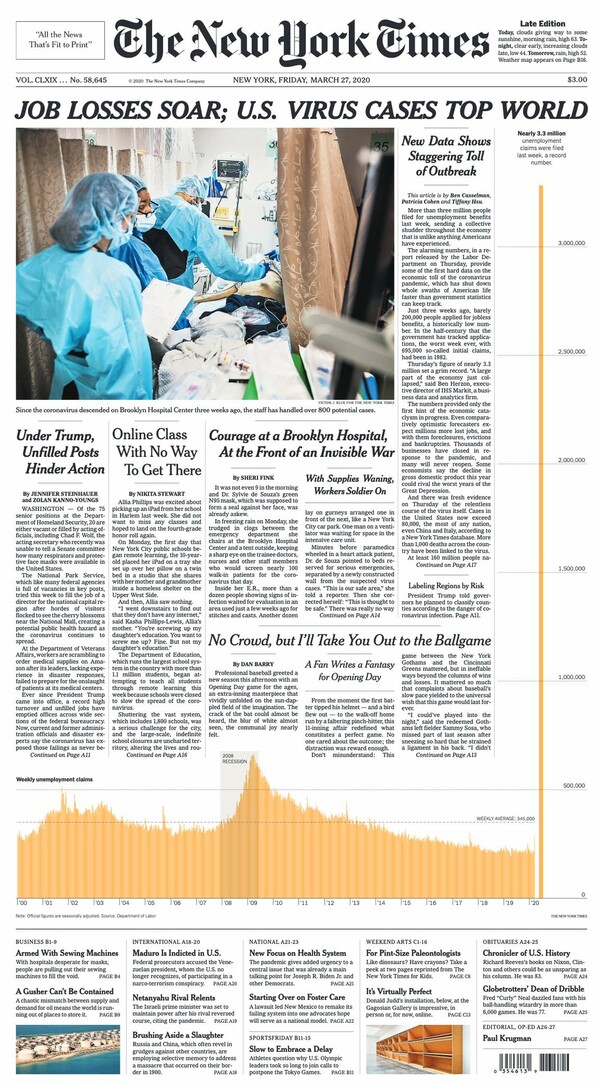 Το τρομακτικό γράφημα της κρίσης στις ΗΠΑ - Το εξώφυλλο των New York Times προκάλεσε αίσθηση