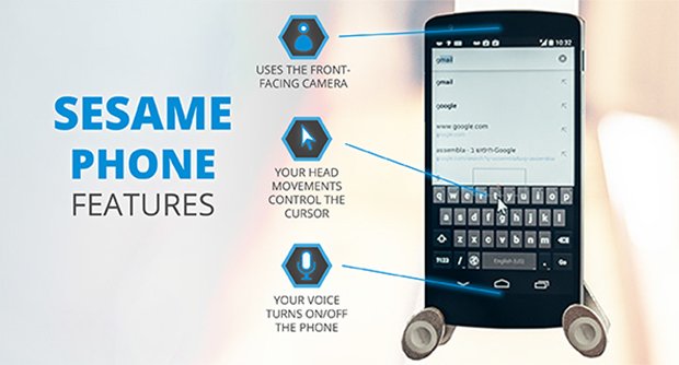 To "Sesame Phone" χρησιμοποιεί την εμπρόσθια κάμερα για να αναγνωρίζει τις κινήσεις του κεφαλιού του χρήστη και να τις μετατρέψει σε εντολές