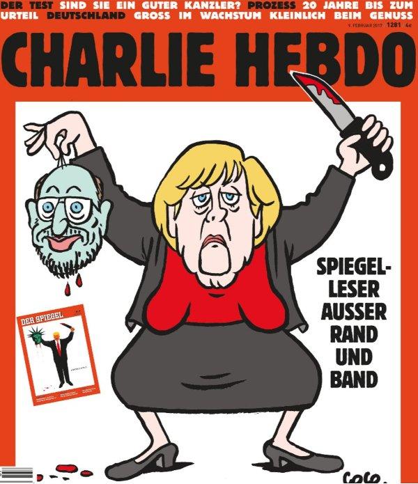 Η Μέρκελ «αποκεφαλίζει» τον Σουλτς στη γερμανική έκδοση του Charlie Hebdo