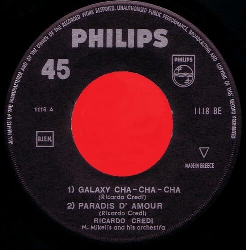 Η ετικέτα της πρώτης πλευράς του 4-tracks EP του Ricardo Credi: At the Athens Hilton [Philips, 1966]