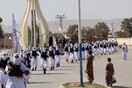 Taliban fighters march in uniforms on the street in Qalat, Zabul Province, Afghanistan,