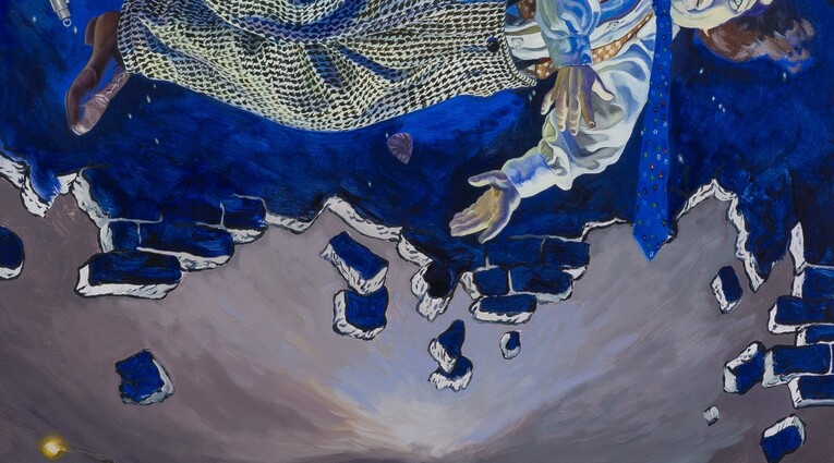 Justin John Greene, Hey? what’s the big idea?, 2023, oil on linen, 44.5 x 33.5 x 1.25 in., 113.03 x 85.09 x 3.175 cm
