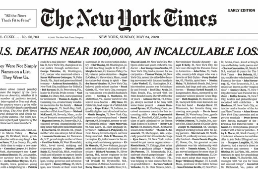 «Δεν ήταν ονόματα σε λίστα, ήταν εμείς»: Το συγκλονιστικό πρωτοσέλιδο των New York Times με ονόματα νεκρών του κορωνοϊού
