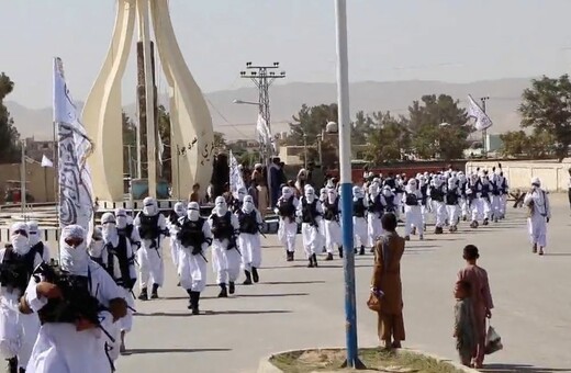 Taliban fighters march in uniforms on the street in Qalat, Zabul Province, Afghanistan,