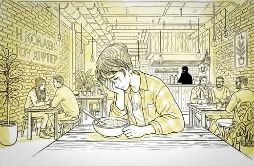 Κλαίγοντας πάνω από μια συσκευασία cottage cheese