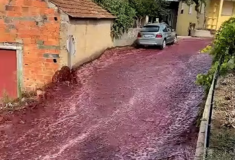 Η στιγμή που εκατομμύρια λίτρα κόκκινου κρασιού κατακλύζουν τους δρόμους ενός χωριού