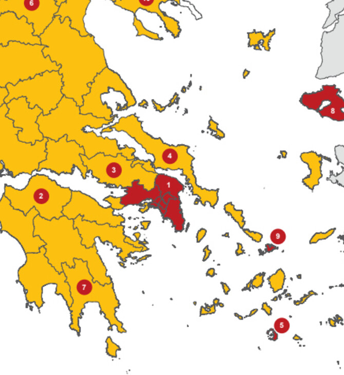Ο νέος χάρτης του κορωνοϊού: Οι «κίτρινες» και οι «κόκκινες» περιοχές- Τα μέτρα σε κάθε κατηγορία