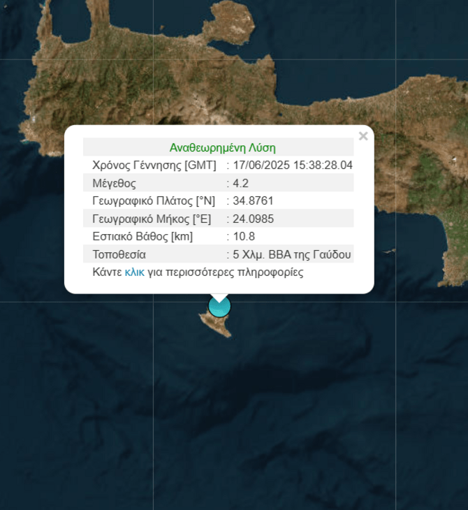 Σεισμός 4,2 Ρίχτερ βόρεια της Γαύδου
