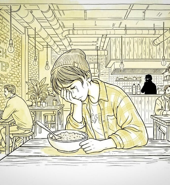 Κλαίγοντας πάνω από μια συσκευασία cottage cheese