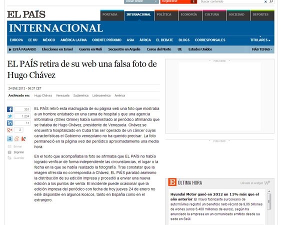 Γκάφα της El Pais με φωτό που υποτίθεται ότι έδειχνε διασωληνωμένο τον Τσάβεζ