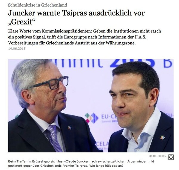FAZ: Ο Γιούνκερ προειδοποίησε ανοιχτά τον Τσίπρα για Grexit