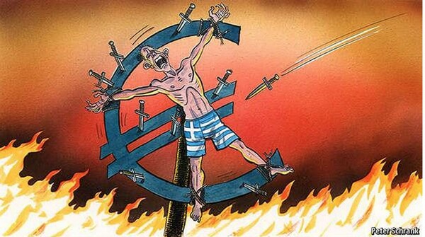 Ο Έλληνας σταυρωμένος στο ευρώ, ενώ του πετούν στιλέτα