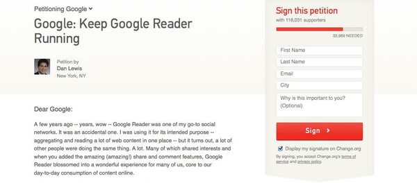 Συγκεντρώνονται υπογραφές για να αποτραπεί η διακοπή λειτουργίας του Google Reader