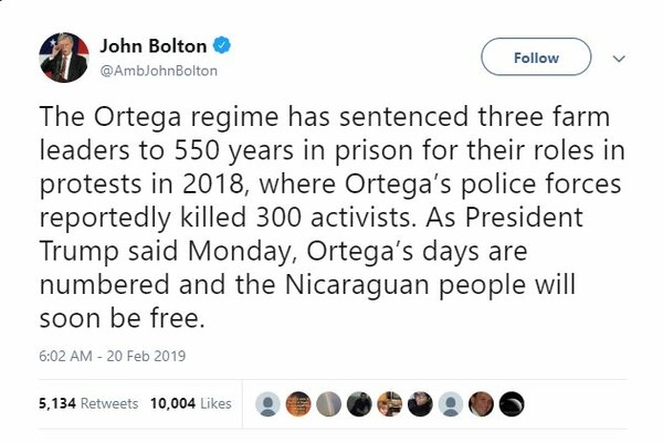 «Οι μέρες του καθεστώτος Ορτέγκα στη Νικαράγουα είναι μετρημένες», λέει ο Τζον Μπόλτον