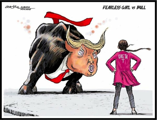 Η Γκρέτα Τούνμπεργκ έγινε σκίτσο απέναντι στον «μαινόμενο ταύρο» Ντόναλντ Τραμπ