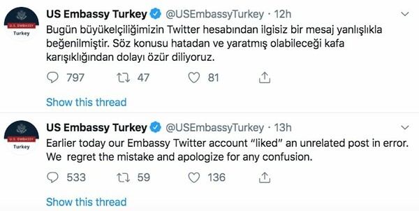 Ένα like στο Twitter προκαλεί διένεξη μεταξύ ΗΠΑ και Τουρκίας