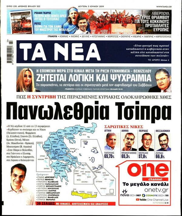 Δευτέρα 3 Ιουνίου - Τα πρωτοσέλιδα των σημερινών εφημερίδων