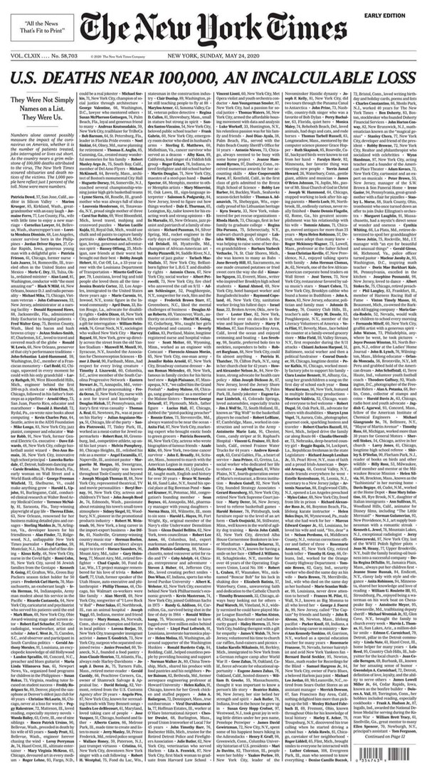 «Δεν ήταν ονόματα σε λίστα, ήταν εμείς»: Το συγκλονιστικό πρωτοσέλιδο των New York Times με ονόματα νεκρών του κορωνοϊού