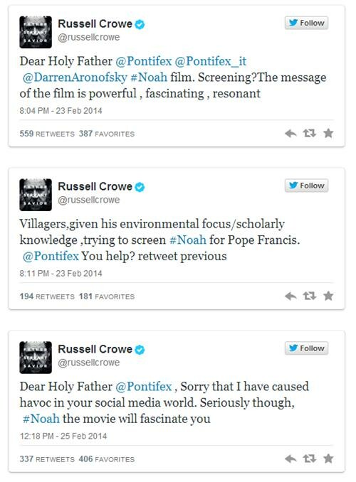 Ο Russel Crowe πιέζει φορτικά τον Πάπα να δει τη νέα του ταινία