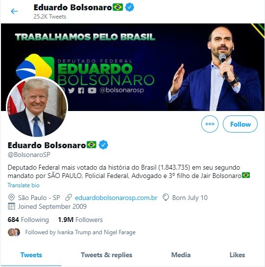 Βραζιλία: Ο γιος του Μπολσονάρου αντικατέστησε τη φωτογραφία του στο Twitter με μια του Τραμπ [ΕΙΚΟΝΑ]