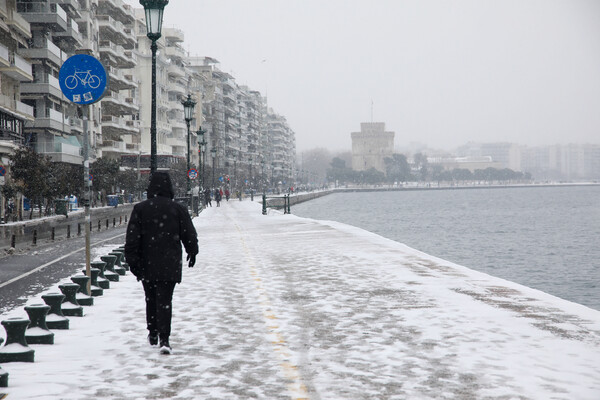 Θεσσαλονίκη: Το χιόνι έφτασε ως την Παραλία - Εικόνες από τo «λευκό ξύπνημα» της πόλης