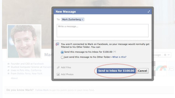 Οι χρήστες του Facebook μπορούν να στείλουν έναντι αμοιβής μήνυμα στον Zuckerberg