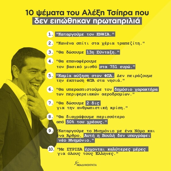 Η ΝΔ εύχεται στον Τσίπρα για την Πρωταπριλιά με τα 10 ψέματα που έχει πει