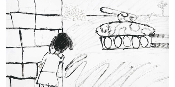 Σχέδιο ενός 14χρονου κοριτσιού, σε εργαστήριο καλλιτεχνικής έκφρασης, στο Χαλέπι, το καλοκαίρι του 2013. Κατά τη διάρκεια αυτής της περιόδου οι ένοπλες δυνάμεις της αντιπολίτευσης ξεκίνησαν μια επίθεση μέσα πόλη.