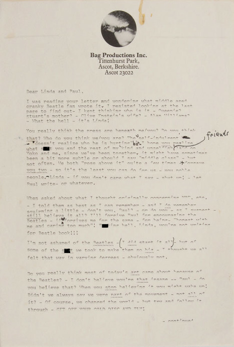 Οργισμένη επιστολή του Τζον Λένον στο ζεύγος ΜακΚάρτνεϊ πουλήθηκε για 30.000 δολ.