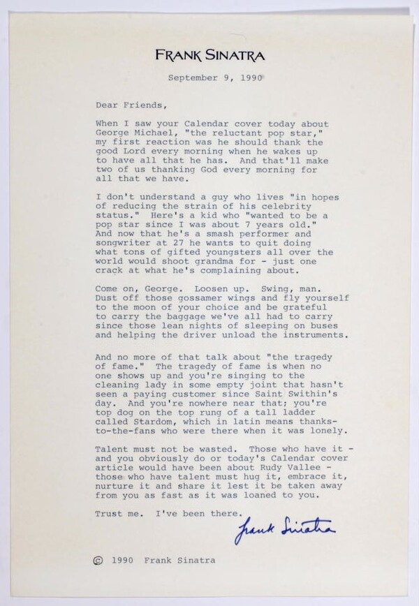 Η επιστολή του Φρανκ Σινάτρα για τον Τζορτζ Μάικλ: «Έλα φίλε, χαλάρωσε. Μην σπαταλάς το ταλέντο σου»