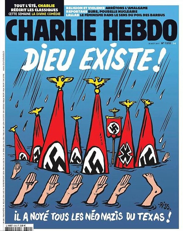 Το αμφιλεγόμενο εξώφυλλο του Charlie Hebdo για τις πλημμύρες στις ΗΠΑ: «Θεός υπάρχει! Έπνιξε όλους τους νεοναζί του Τέξας»