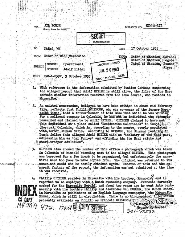 Nέα θεωρία από την CIA: Ο Χίτλερ μπορεί να έζησε στην Κολομβία μετά το Β' Παγκόσμιο Πόλεμο