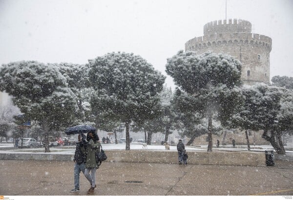 Η Θεσσαλονίκη απολαμβάνει το χιόνι - Φωτογραφίες από το λευκό τοπίο στο κέντρο της πόλης