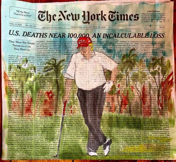 Εικαστική διαμαρτυρία: Καλλιτέχνες ζωγραφίζουν τον Τραμπ να παίζει γκολφ πάνω στο ιστορικό πρωτοσέλιδο των ΝΥΤ