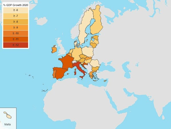 Κομισιόν: Ελαφρώς πιο ήπια ύφεση στην Ελλάδα φέτος αλλά και μικρότερη ανάπτυξη το 2021