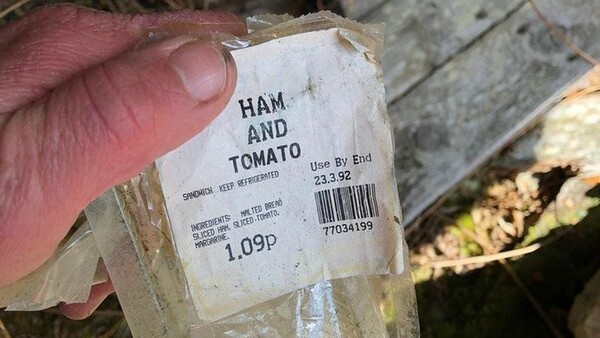 Sandwich wrapper from 1992 found as litter in Cairngorms