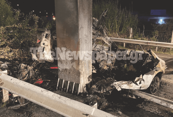 Τροχαίο δυστύχημα κοντά στο Βελεστίνο- ΙΧ «καρφώθηκε» σε κολώνα, τυλίχθηκε στις φλόγες