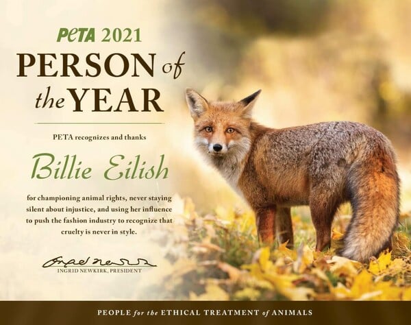 Η Billie Eilish είναι το πρόσωπο της χρονιάς για την PETA