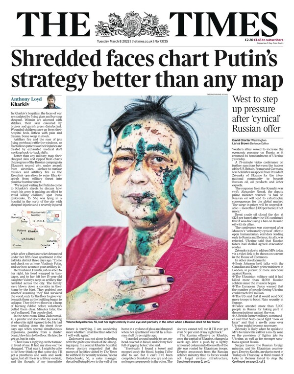 «Τα διαλυμένα πρόσωπα καταγράφουν την στρατηγική Πούτιν καλύτερα από κάθε χάρτη»- Το πρωτοσέλιδο των Times