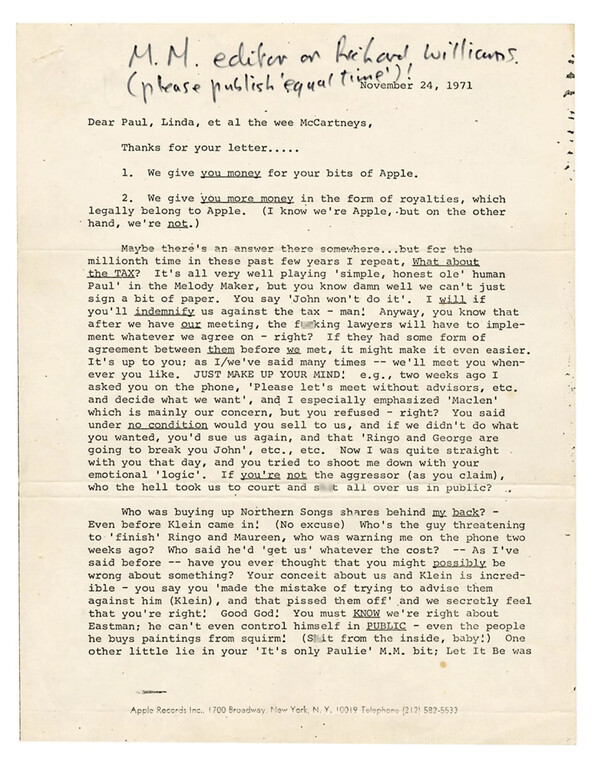 Στο «σφυρί» η οργισμένη επιστολή Λένον προς ΜακΚάρτνεϊ μετά τη διάλυση των Beatles - «Μας έχ@@@ες δημοσίως» 