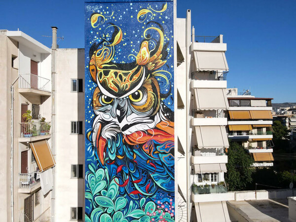 A huge owl in the 24th municipality of Athens - The new mural by street artist Fio Silva