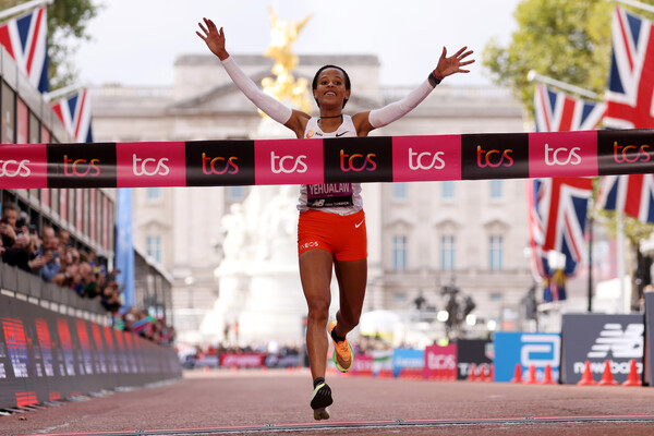 Yehualaw becomes youngest woman to win London Marathon despite faceplant