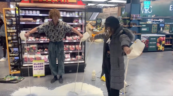 Έφηβοι χύνουν γάλα στο πάτωμα σούπερ μάρκετ ενάντια στην «καταστροφική» γαλακτοβιομηχανία