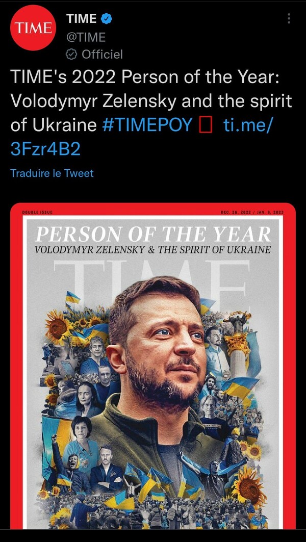 Το περιοδικό Time ανακήρυξε τον Ζελένσκι πρόσωπο της χρονιάς για το 2022