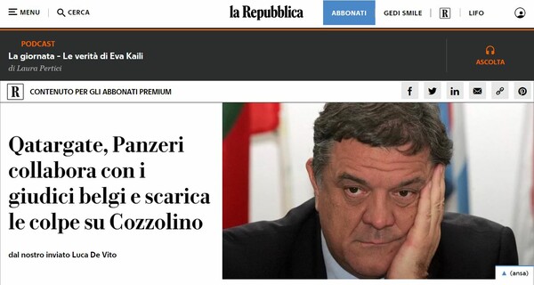 La Republicca: Ο Παντσέρι συνεργάζεται με τις Αρχές και μεταθέτει ευθύνες για το Qatargate