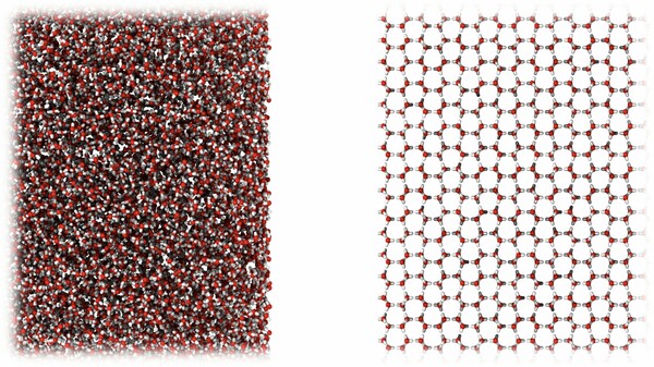 Η μοριακή δομή του νέου πάγου είναι παρόμοια με αυτή του νερού σε υγρή μορφή (φωτ: αριστερά), σε σύγκριση με τη μοριακή δομή ενός πάγου στη μορφή που τον γνωρίζουμε (φωτ: δεξιά). ΦΩΤ: University of Cambridge